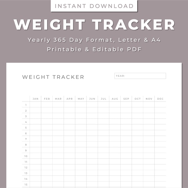 Weight Tracker, Yearly Weight Tracker, 365 Days, Daily Weight Journal, Weight Loss Log,Letter/A4, Printable & Editable, Instant Download PDF