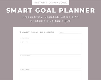 May include: A printable SMART goal planner worksheet with sections for a simple goal, specific, measurable, attainable, relevant, and time-bound goals. The worksheet has a space for the date.