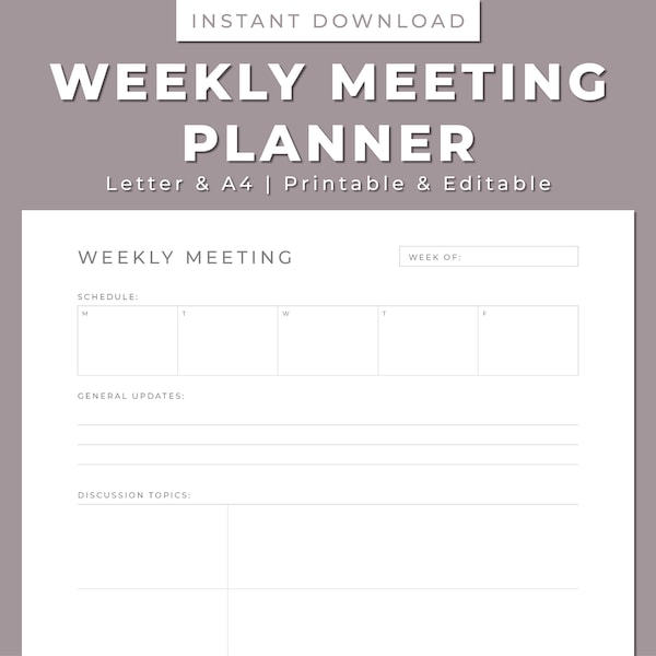 Weekly Meeting Notes Printable, Meeting Agenda, 1:1, Minutes, Business Note Taking Printable & Editable, Letter/A4, Instant Download PDF