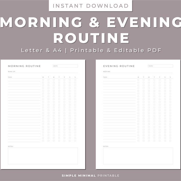 Morning & Evening Routine Printable, Planner and Habit Tracker, Morning Evening Habits, Printable, Editable, Letter/A4, Instant Download PDF