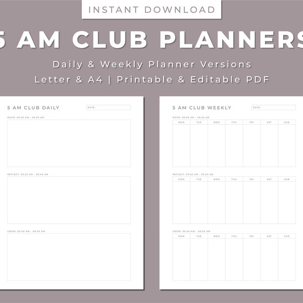 5 AM Club Planner Printable, Daily and Weekly, Habit Tracking, Morning Routine, Printable & Editable, Letter/A4, Instant Download PDF