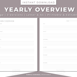 Yearly Overview Printable Planner: Letter & A4 (Instant Download PDF)