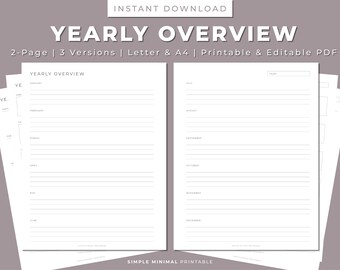 Yearly Overview Printable Planner: Letter & A4 (Instant Download PDF)