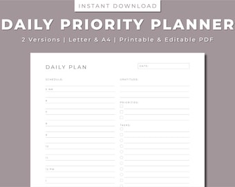 May include: A printable daily planner with sections for schedule, gratitude, priorities, and tasks. The planner is designed in a minimalist style with a white background and black text.
