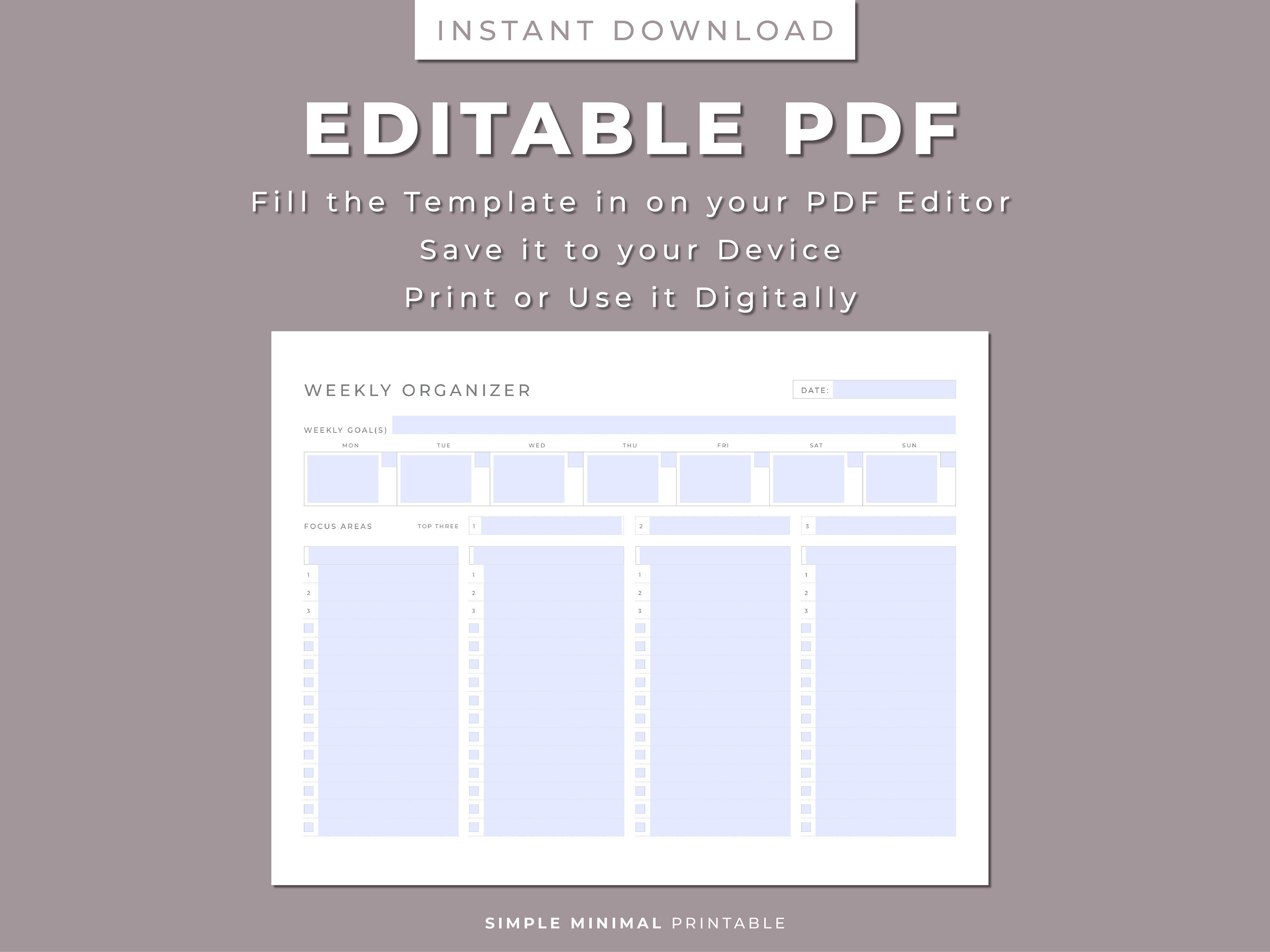 Weekly Task Organizer Printable: Minimalist Goals Planner (letter/a4 ...