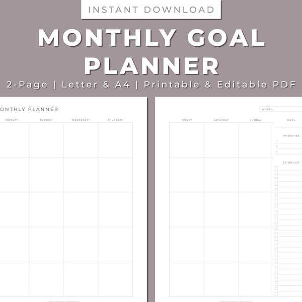 Monthly Goal Planner 2-Page Printable, One Month Undated, 4 Versions, Editable, Template, Planner Insert, Letter/A4, Instant Download PDF