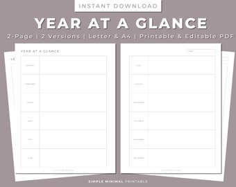 Minimalist Year At A Glance Planner: Letter & A4 (Printable PDF)