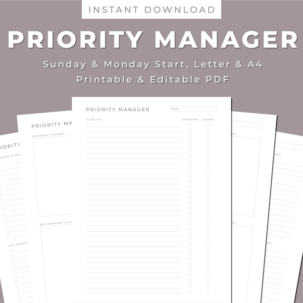 Priority Manager Printable, Priority Matrix, Decision Matrix, The Eisenhower Matrix, Priority Planner, Letter/A4, Instant Download PDF