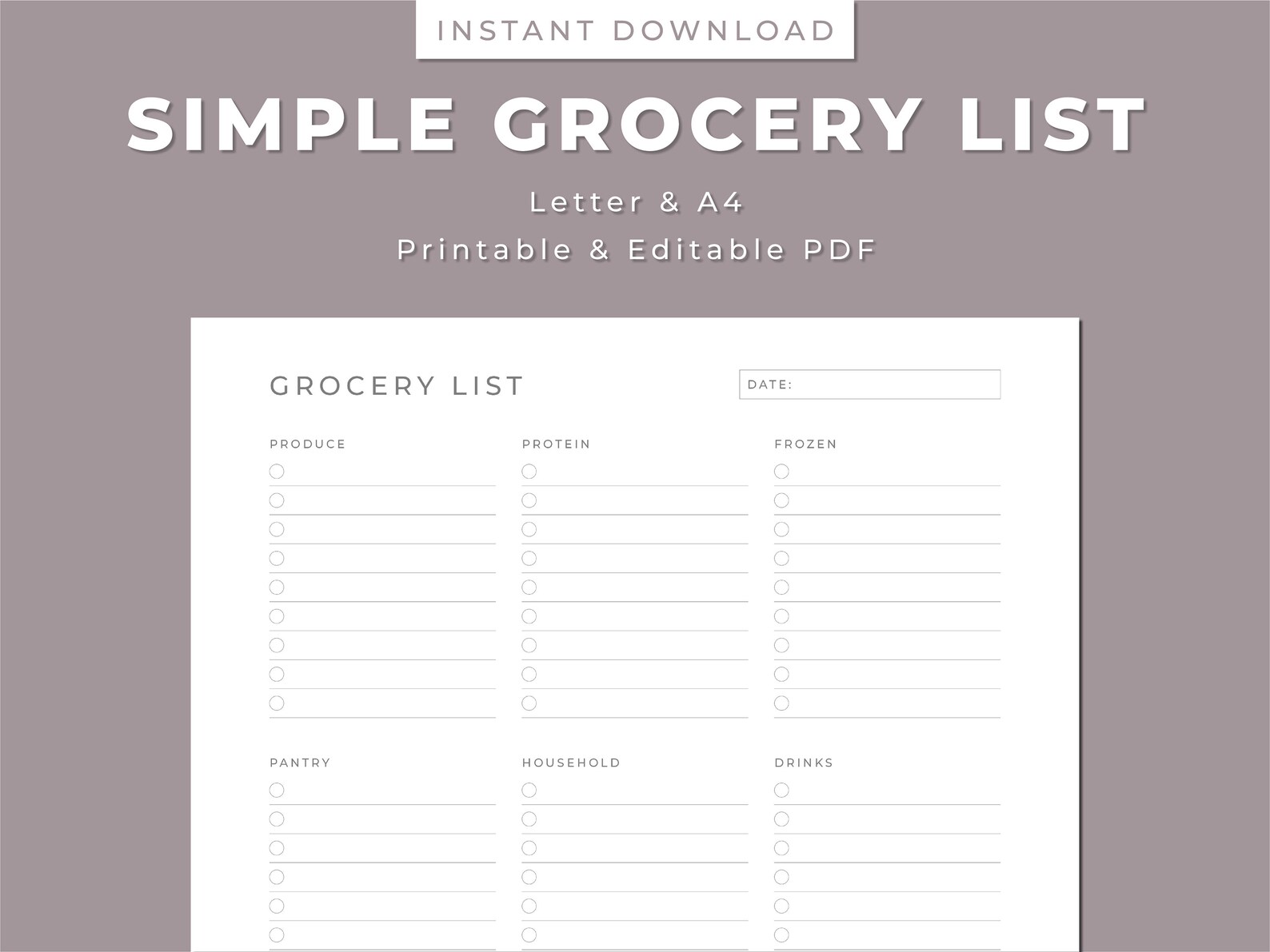 Simple Grocery List Printable: Food Shopping Planner (letter & A4) (PDF ...
