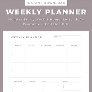 Planificador semanal imprimible, objetivos, motivación, comidas, rastreador de hábitos, imprimible y editable, planificador sin fecha, descarga instantánea, carta/A4