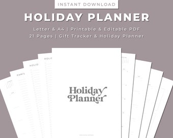 Könnte beinhalten: Ein druckbarer und bearbeitbarer PDF-Ferienplaner mit 21 Seiten. Der Planer enthält Abschnitte für Geschenkesuche und Ferienplanung. Die Titelseite zeigt den Text "Holiday Planner" in grauer Schrift.