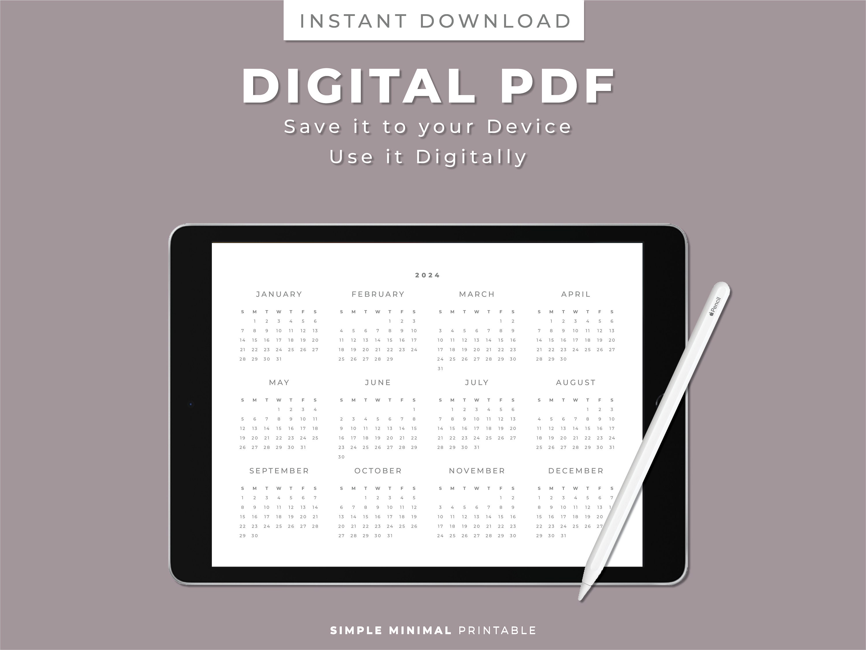 2024 Yearly Calendar Printable, Simple Yearly Calendar, Yearly Wall ...