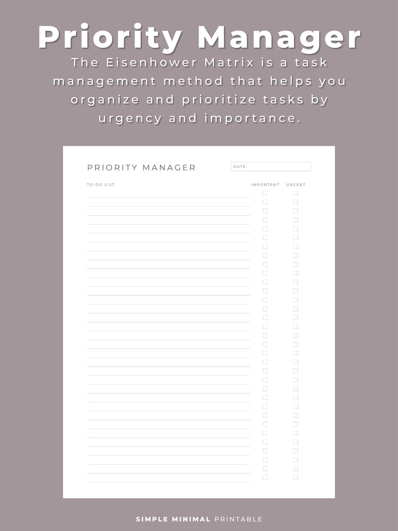 Priority Worksheet.pdf Priority Manager Printable: Eisenhower Matrix, A4/letter (instant ...