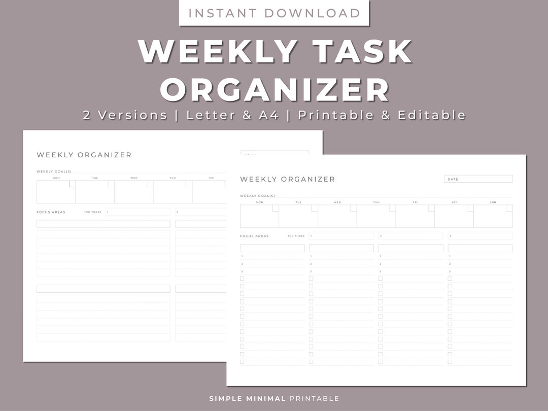 Weekly Task Organizer Printable, Landscape Format, Editable Planner ...