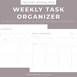 May include: Two printable weekly task organiser templates. The left template has a section for weekly goals, focus areas, and daily tasks. The right template has a section for weekly goals, focus areas, and daily tasks with a date section at the top.