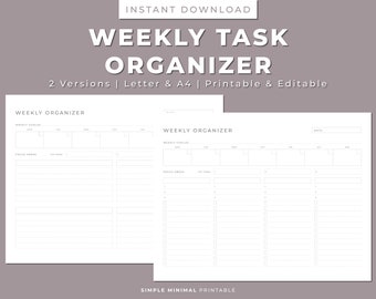 May include: Two printable weekly task organizer templates. The left template has a section for weekly goals, focus areas, and daily tasks. The right template has a section for weekly goals, focus areas, and daily tasks with a date section at the top.