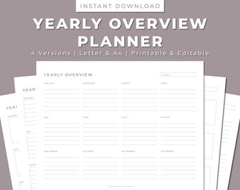 Yearly Overview Printable Planner: Letter & A4 (Instant Download PDF)