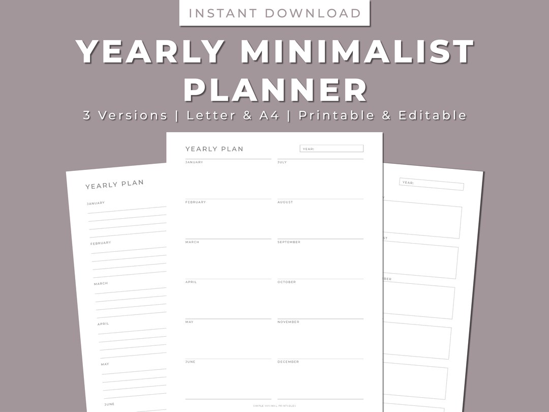 Yearly Minimalist Printable Planner, Year-at-a-glance, Annual Perpetual Planner, Letter &amp; A4 ...