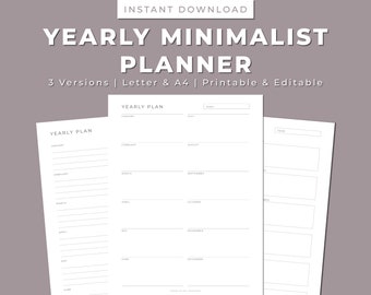 Minimalist Yearly Planner, Letter & A4 (Printable PDF)