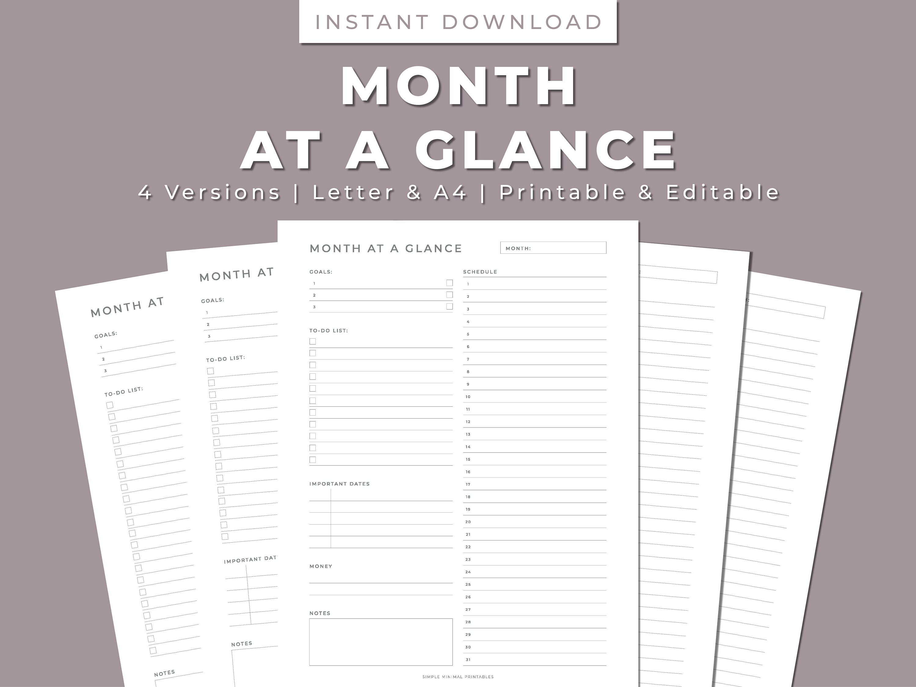 Month at A Glance Printable, Schedule, Notes, Printable & Editable ...