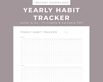Puede incluir: Un rastreador de hábitos anual imprimible con un diseño de cuadrícula para rastrear los hábitos diarios. El documento incluye espacio para el año y los nombres de los hábitos. El texto "YEARLY HABIT TRACKER" se muestra en la parte superior. Disponible en formatos Letter y A4.