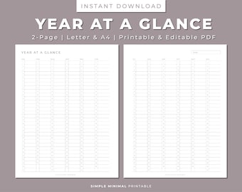 Year At A Glance Printable Planner, 2-Page, 365 Days, Annual Perpetual Planner, Letter & A4, Printable and Editable, Instant Download PDF