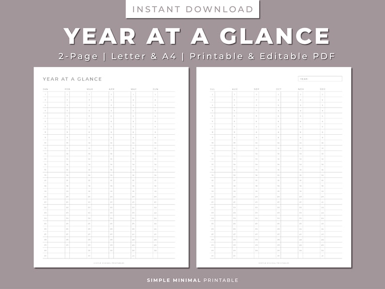 Year at A Glance Printable Planner, 2-page, 365 Days, Annual Perpetual Planner, Letter & A4 ...