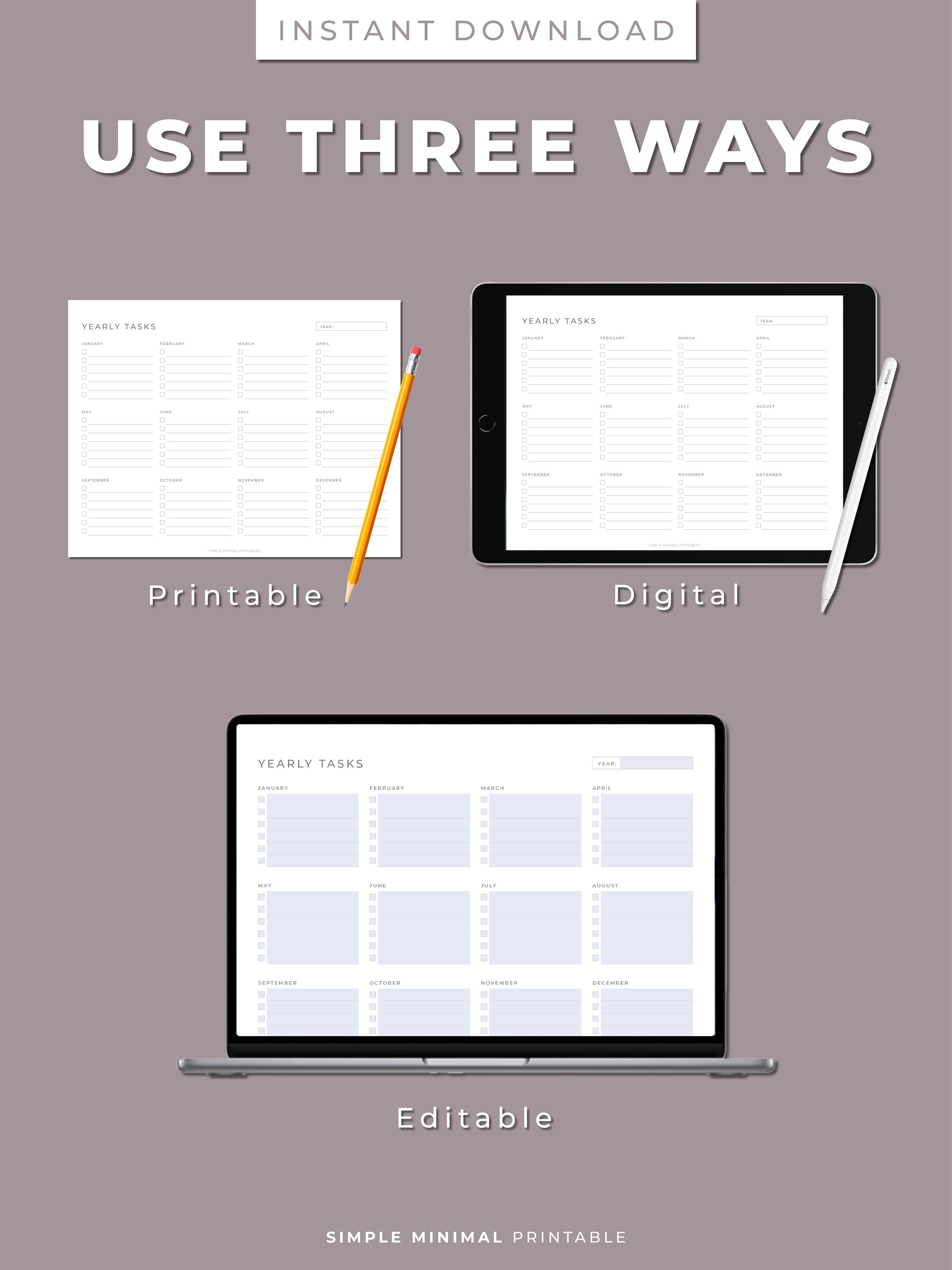 Yearly task planner printable year at a glance annual perpetual