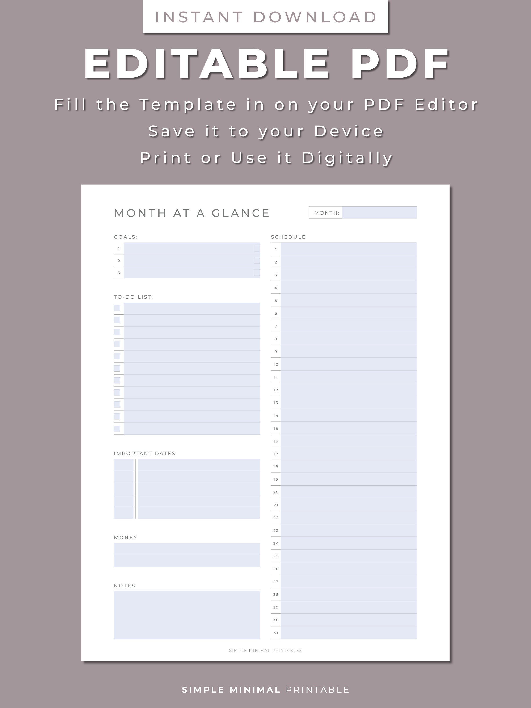Month at A Glance Printable, Schedule, Notes, Printable & Editable ...