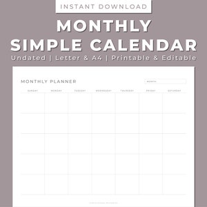 Monthly Simple Calendar Printable, Landscape, Template, Insert, Sun/mon ...