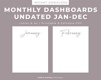 Undated Monthly Planner Dashboards: Jan-Dec, Letter/A4 (Printable PDF)