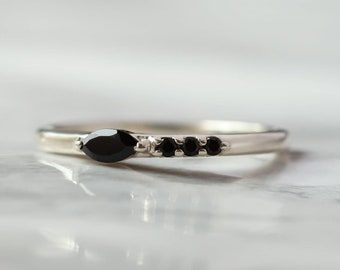 14k Gold Black Onyx Dainty Marquise Stacking Ring, Gold Minimalist Ring, Simple Onyx Ring, Silver Ring, Thin Ring Delicate Ring Gift for Her