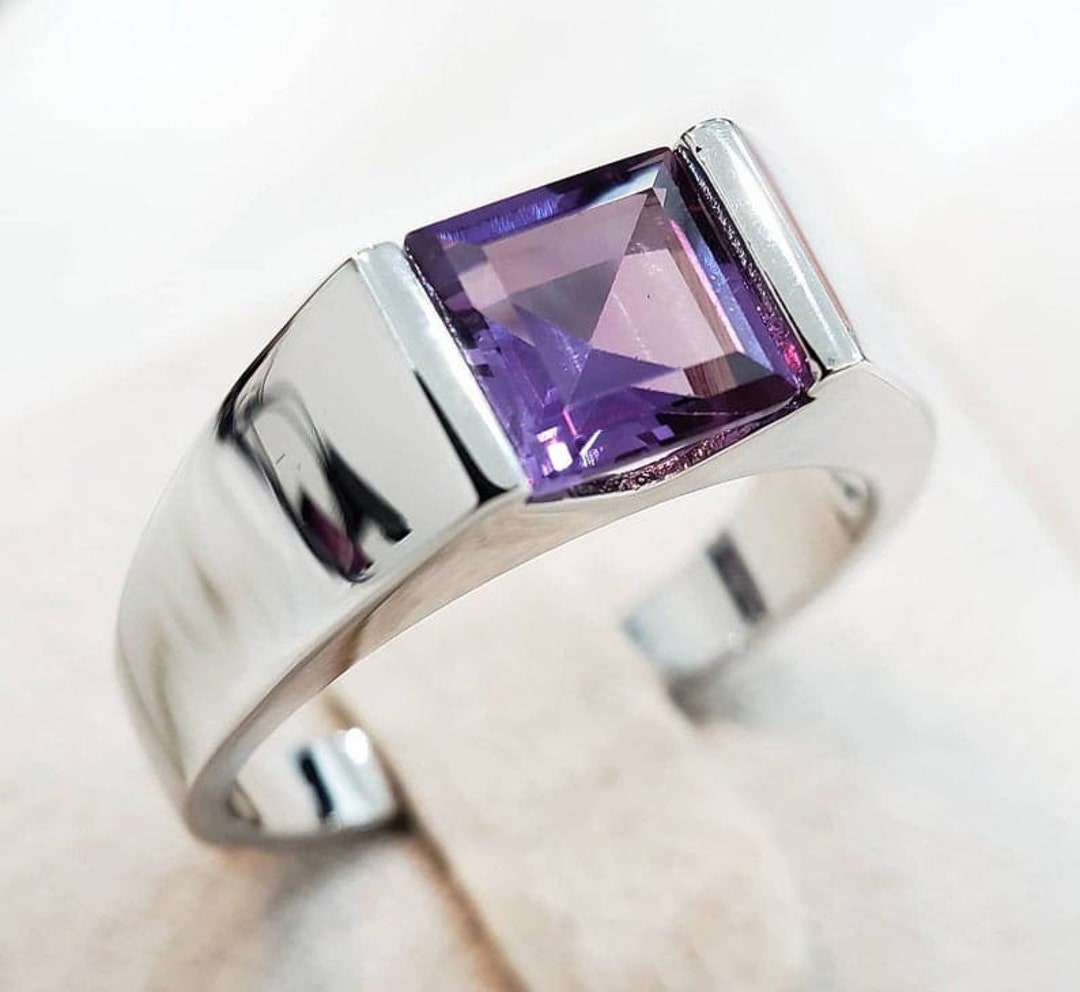 Mens Amethyst Ring, 925 Sterling Silver Men's Engagement Ring, 8mm