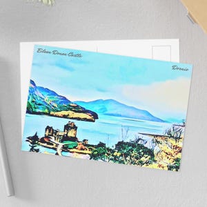 Castello di Eilean Donan, Dornie. N. 2. I miei viaggi nelle Highlands. Cartolina d'arte panoramica.