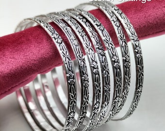 Handmade Sterling Silver Bangle Set: Dainty Floral Bangles, Set of