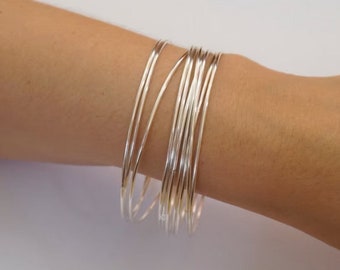 Dainty Thin 1.3mm Round, Sterling Silver Bangle Set, Set of 10 Bangles, Thin Stacking, Bangles, Silver Bracelet Set, Bangles