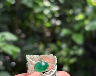 Sterling Silver Green Onyx Feather Ring, Adjustable Boho Leaf Gemstone Jewelry