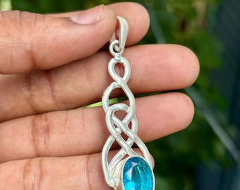Sterling Silver Celtic Knot Pendant, Swiss Blue Topaz Gemstone Necklace, December Birthstone Jewelry