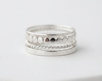 Sterling Silver Coin Detail Stacking Ring Set, Boho Statement Band