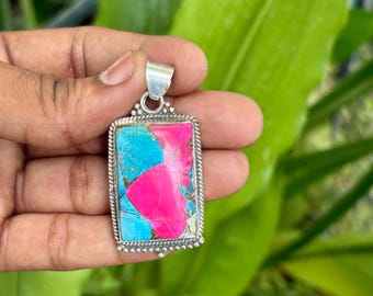 Pink Blue Turquoise Rectangle Pendant, Sterling Silver Boho Necklace