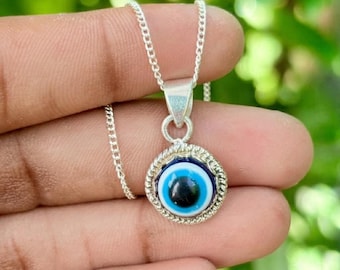 Sterling Silver Evil Eye Pendant Necklace • Turkish Nazar Protection Charm