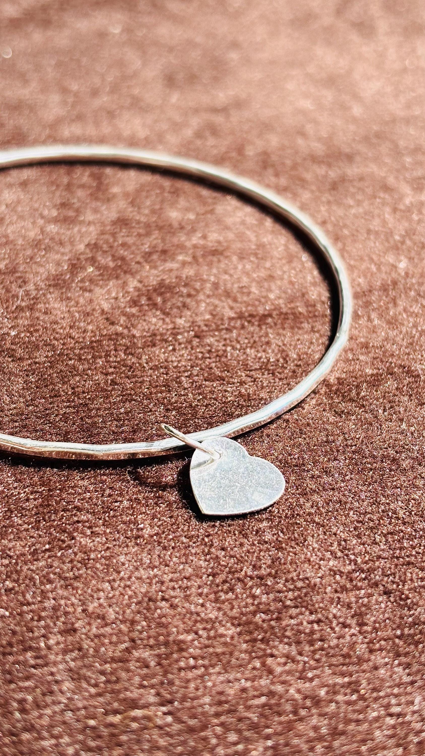 Sterling Silver Heart Charm Bangle: Hammered Minimalist Bracelet