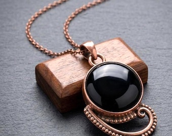 Handmade Brass Black Onyx Pendant, Vintage Swirl Bezel Necklace, Gothic Statement Gemstone