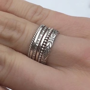 Sterling Silver Stacking Rings Set: Dainty Beaded & Twisted Bands