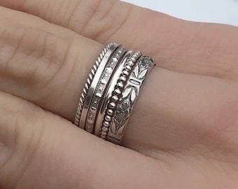 Sterling Silver Stacking Rings Set: Dainty Beaded & Twisted Bands