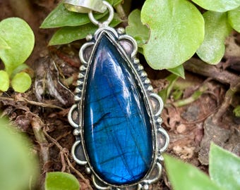 Natural Blue Labradorite Teardrop Pendant, Sterling Silver Boho Statement Jewelry