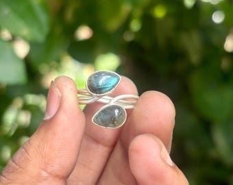 Sterling Silver Labradorite Wrap Ring Adjustable Teardrop Gemstone Bohemian Jewelry