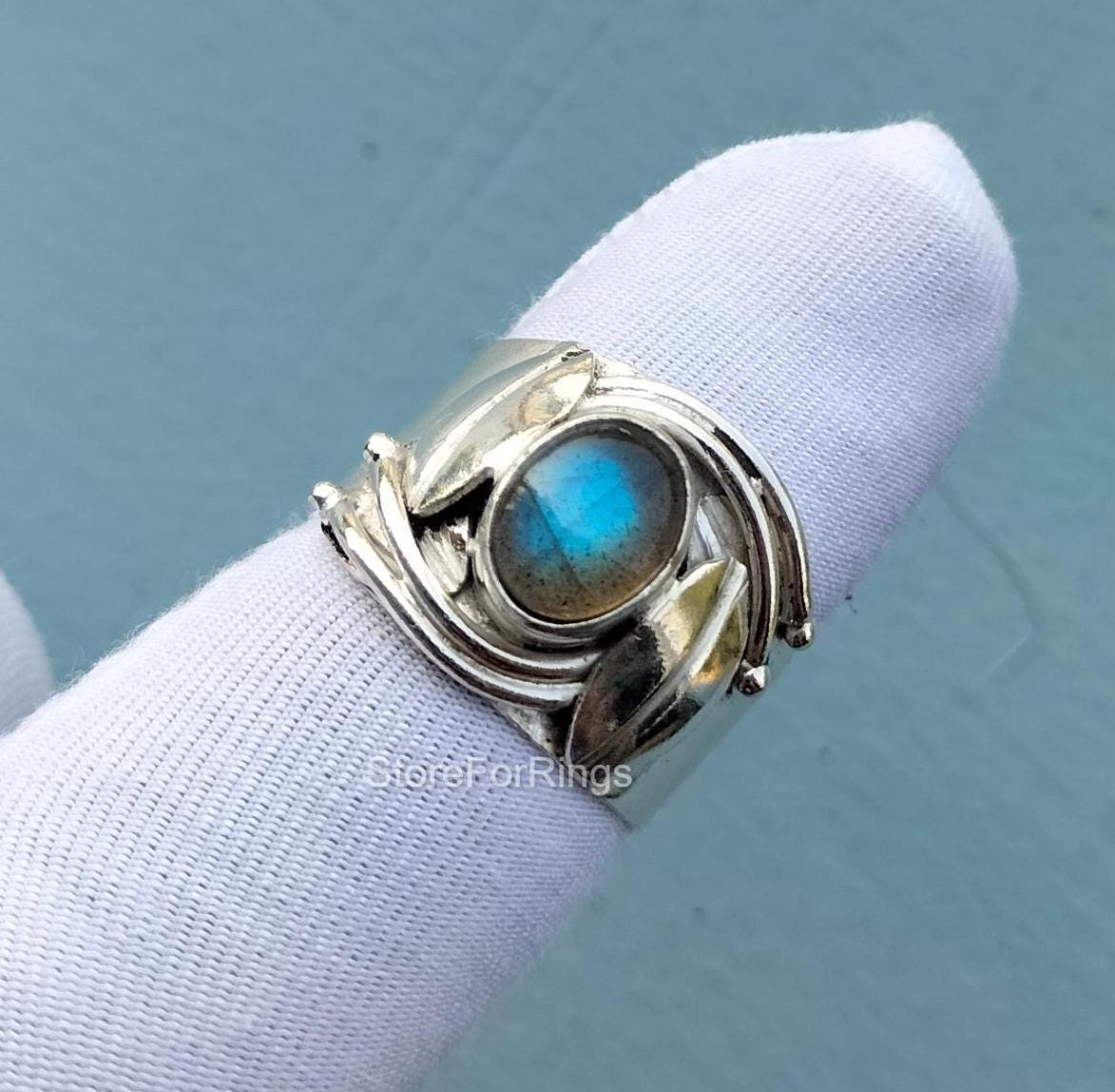 希少 OX JEWELRY Silver Labradorite Ring Handmade Sterling Silver Labradorite Ring, Raw Stone Boho Jewelry