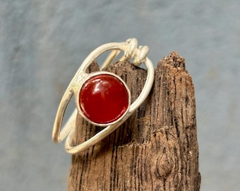 Handmade Natural Red Onyx Sterling Silver Ring: Boho Minimalist Adjustable Band