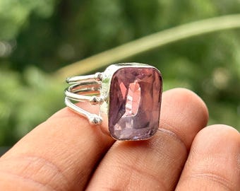 Handmade Rose Quartz Sterling Silver Ring, Rectangular Boho Statement Jewelry